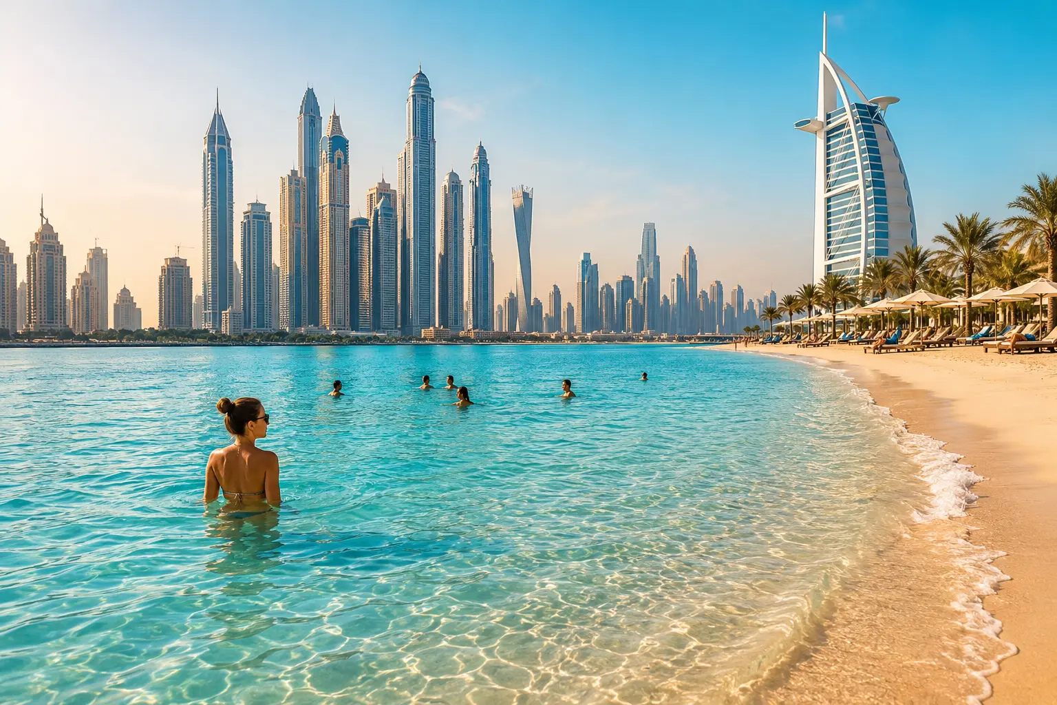 Beste Reisezeit Dubai für einen Badeurlaub, sonniger Strandtag mit türkisblauem Wasser, feinem Sand und moderner Skyline