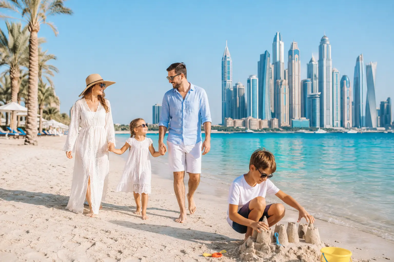 Sonniger Familienmoment am Strand von Dubai mit türkisblauem Wasser, Palmen und moderner Skyline im Hintergrund