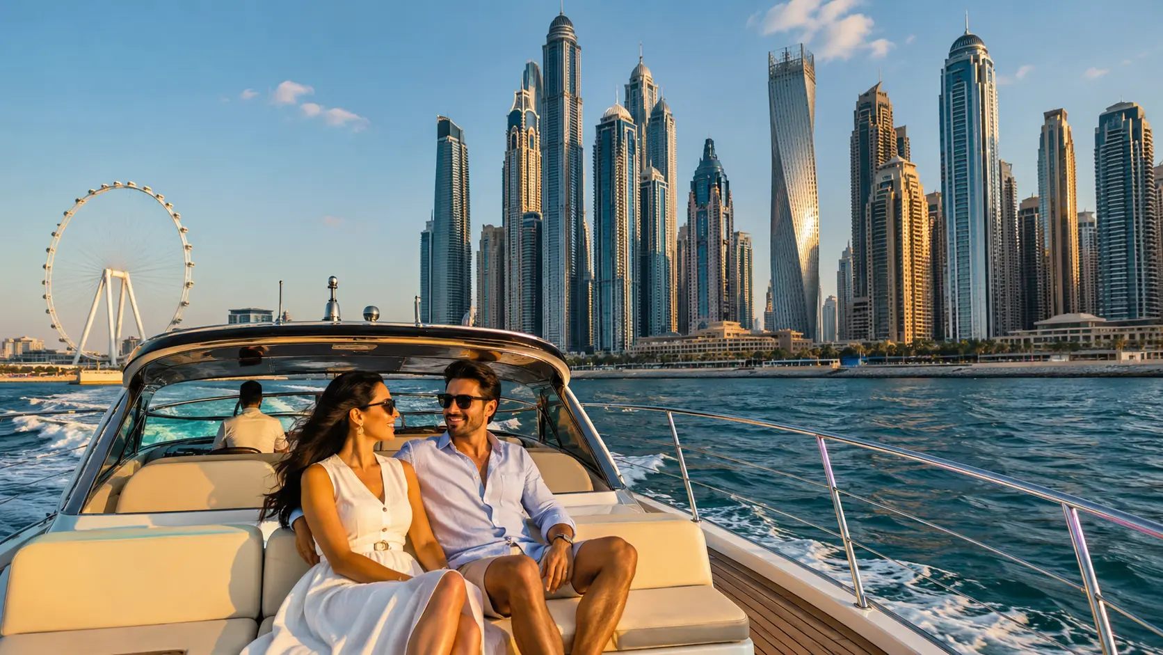 Elegante Bootstour vor der Dubai Marina mit moderner Skyline, blauem Wasser und warmer Abendsonne