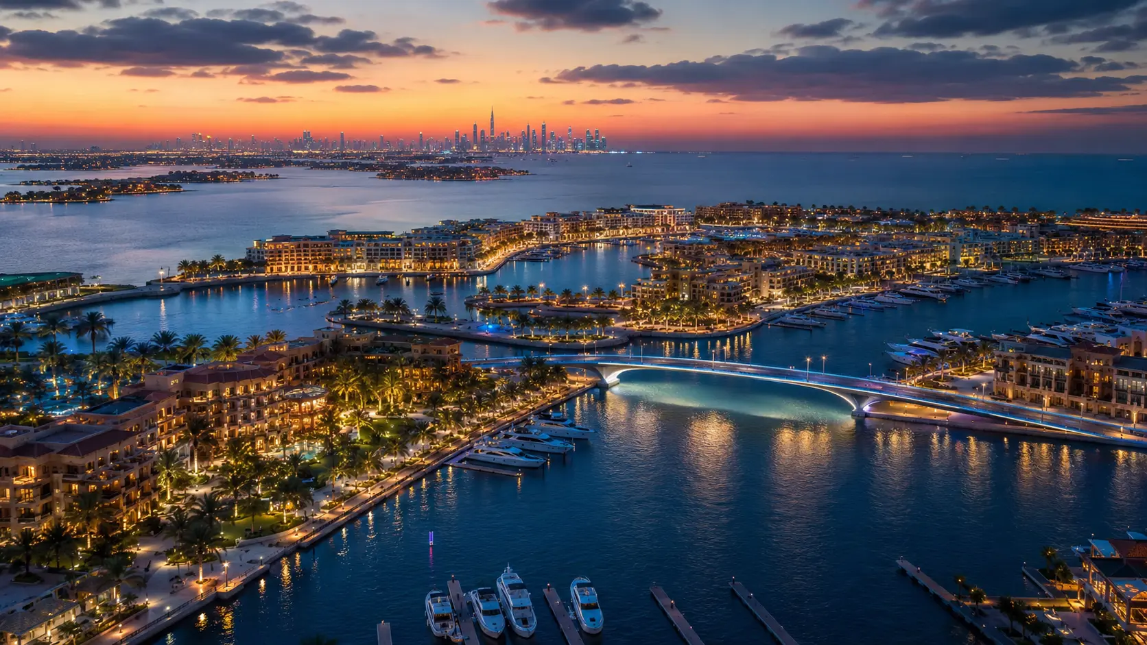 Dubai Islands bei Nacht mit leuchtender Marina, eleganten Brücken und glitzernden Wasserwegen