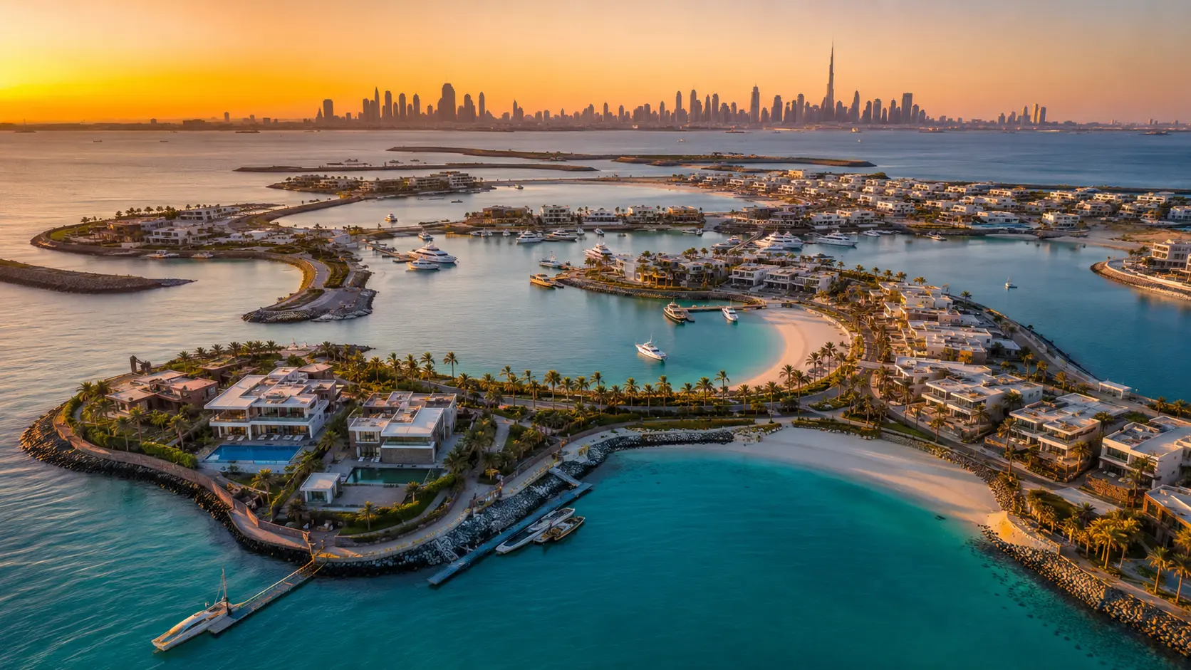 Dubai Islands bei Sonnenuntergang mit türkisblauem Wasser und der Skyline von Dubai im goldenen Abendlicht