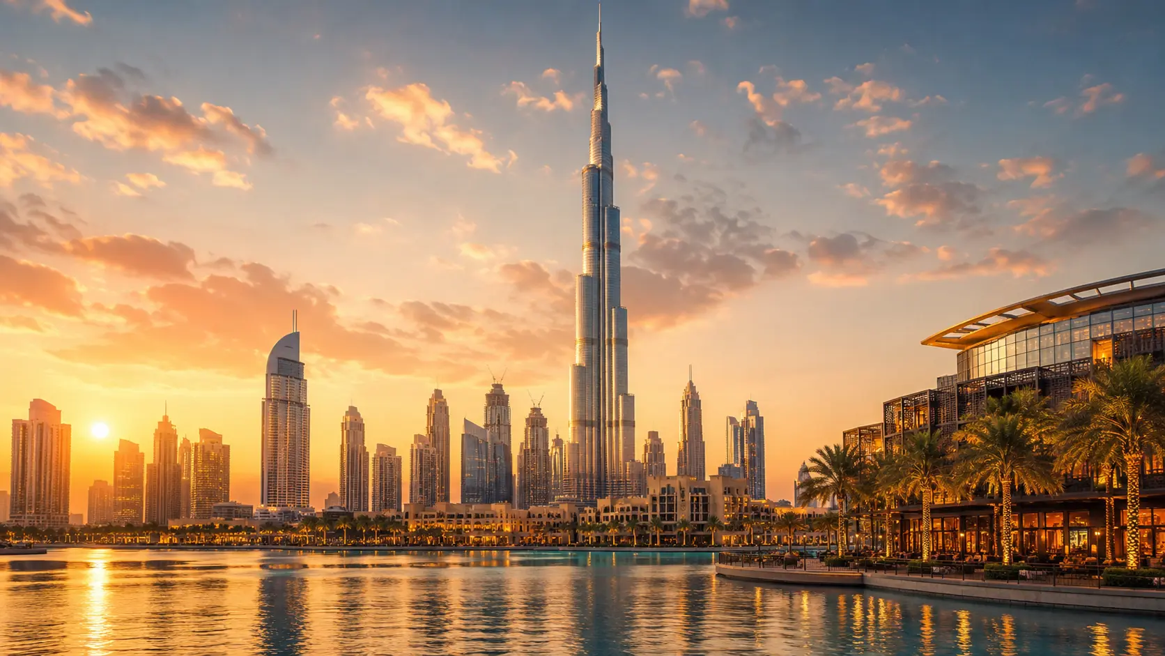 Dubai Skyline im goldenen Abendlicht mit Burj Khalifa und Wasserreflexionen