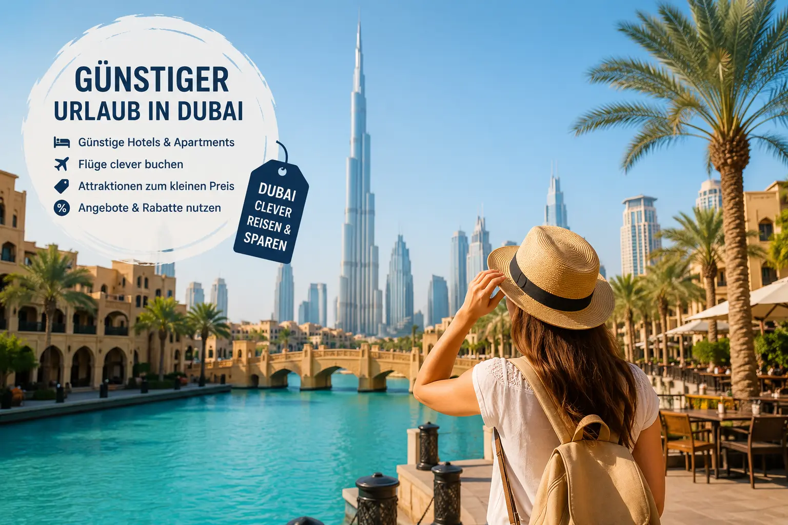 Sonniges Dubai-Motiv mit Wasser, Palmen und Blick auf die Skyline rund um den Burj Khalifa