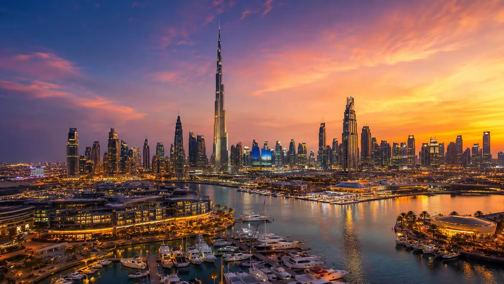 Panoramablick auf Dubai City mit Skyline, Sonnenuntergang, Marina und leuchtender Stadtstimmung