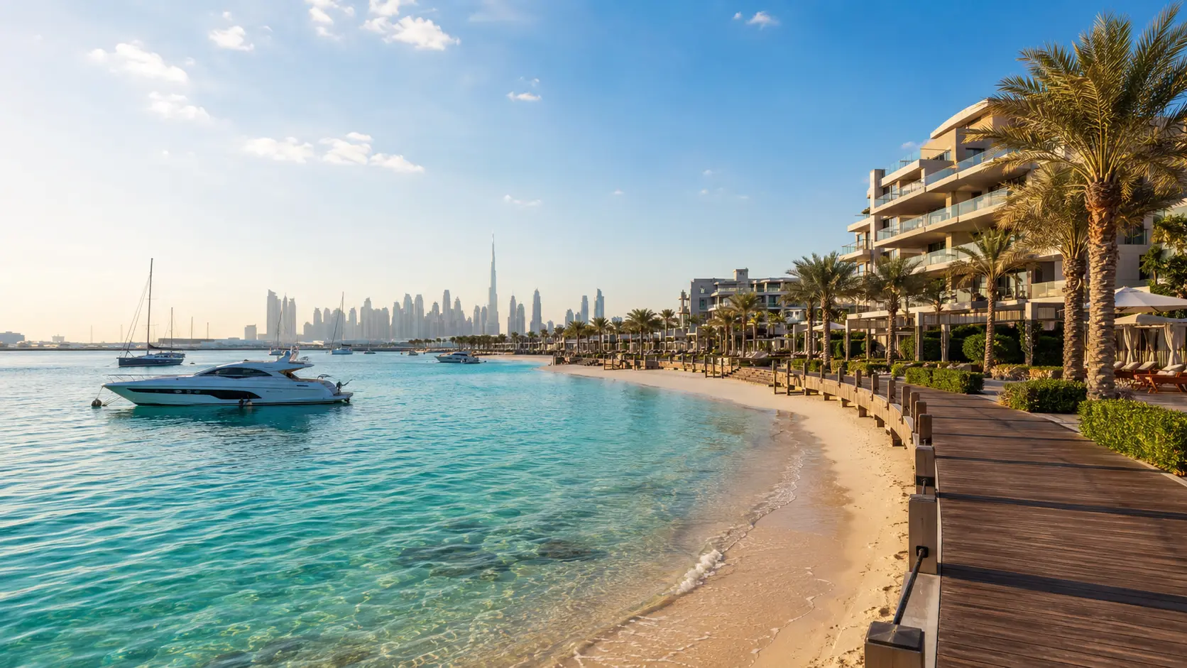 Heller Traumstrand auf den Dubai Islands mit klarem Wasser, Yachten und modernen Resorts vor der Skyline