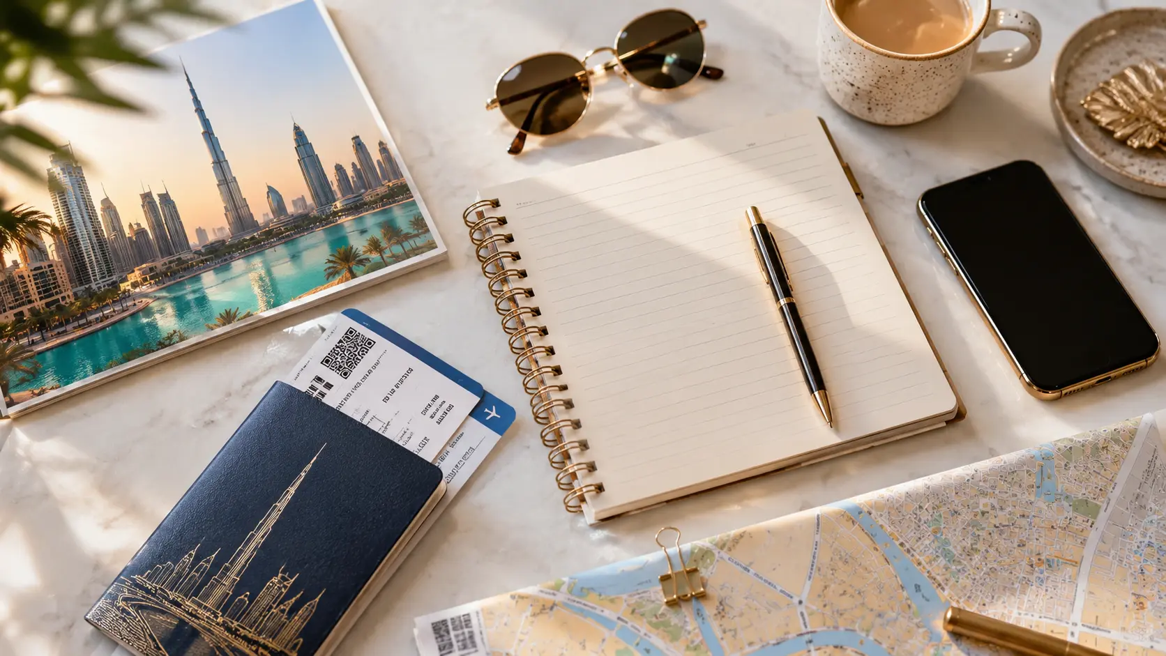 Reiseplanung für Dubai mit Karte und Notizen