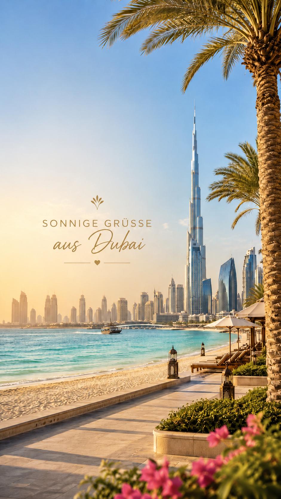 Reisegrußkarte mit sonnigen Grüßen aus Dubai, heller Urlaubsmoment mit Skyline