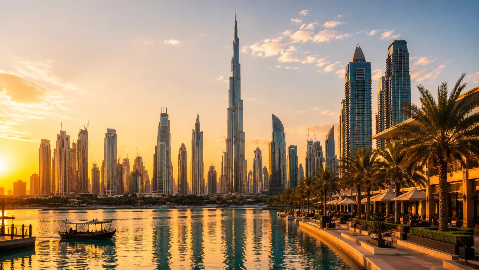 Urlaub in Dubai, Skyline und Küste im Abendlicht